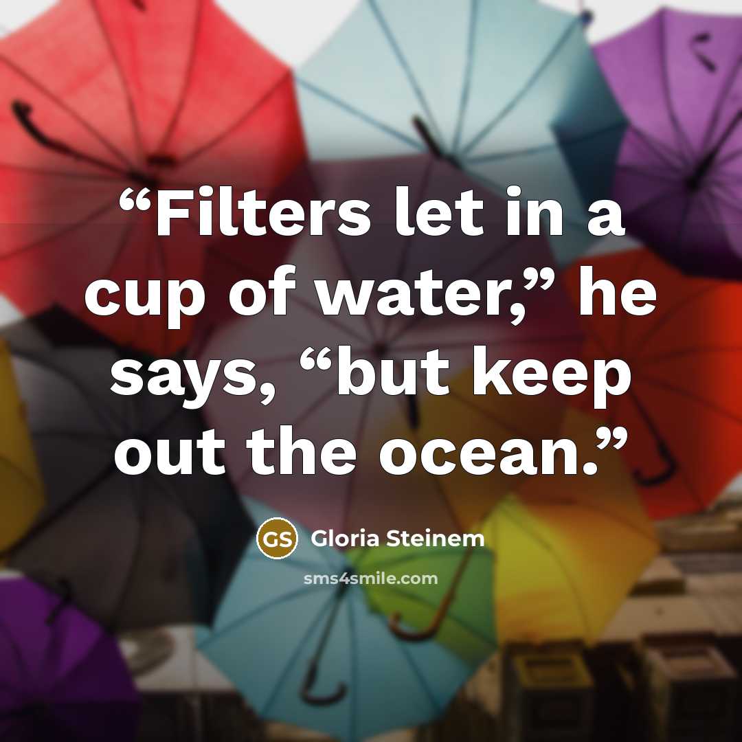 “Filters let in a cup of water,” he says, “but keep out the ocean.” quote by Gloria Steinem