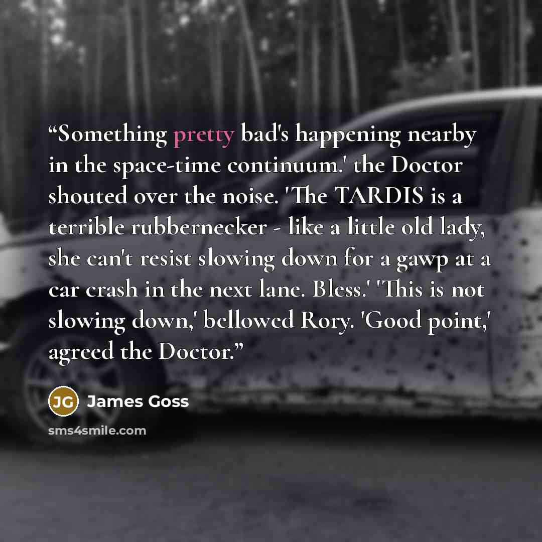 “Something pretty bad's happening nearby in the space-time continuum.' the Doctor shouted over the noise. 'The TARDIS is a terrible rubbernecker - like a little old lady, she can't resist slowing down for a gawp at a car crash in the next lane. Bless.' 'This is not slowing down,' bellowed Rory…” quote by James Goss