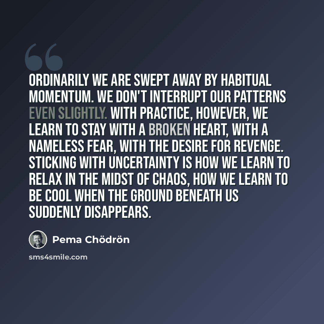 “Ordinarily we are swept away by habitual momentum. We don't interrupt our patterns even slightly. With practice, however, we learn to stay with a broken heart, with a nameless fear, with the desire for revenge. Sticking with uncertainty is how we learn to relax in the midst of chaos, how we learn…” quote by Pema Chodron