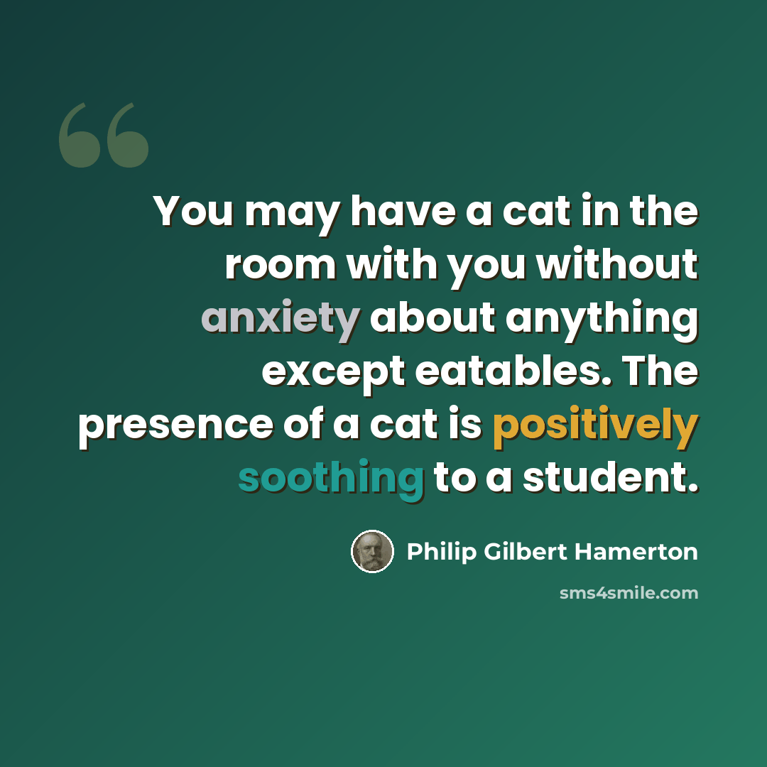 “You may have a cat in the room with you without anxiety about anything except eatables. The presence of a cat is positively soothing to a student.” quote by Philip Gilbert Hamerton