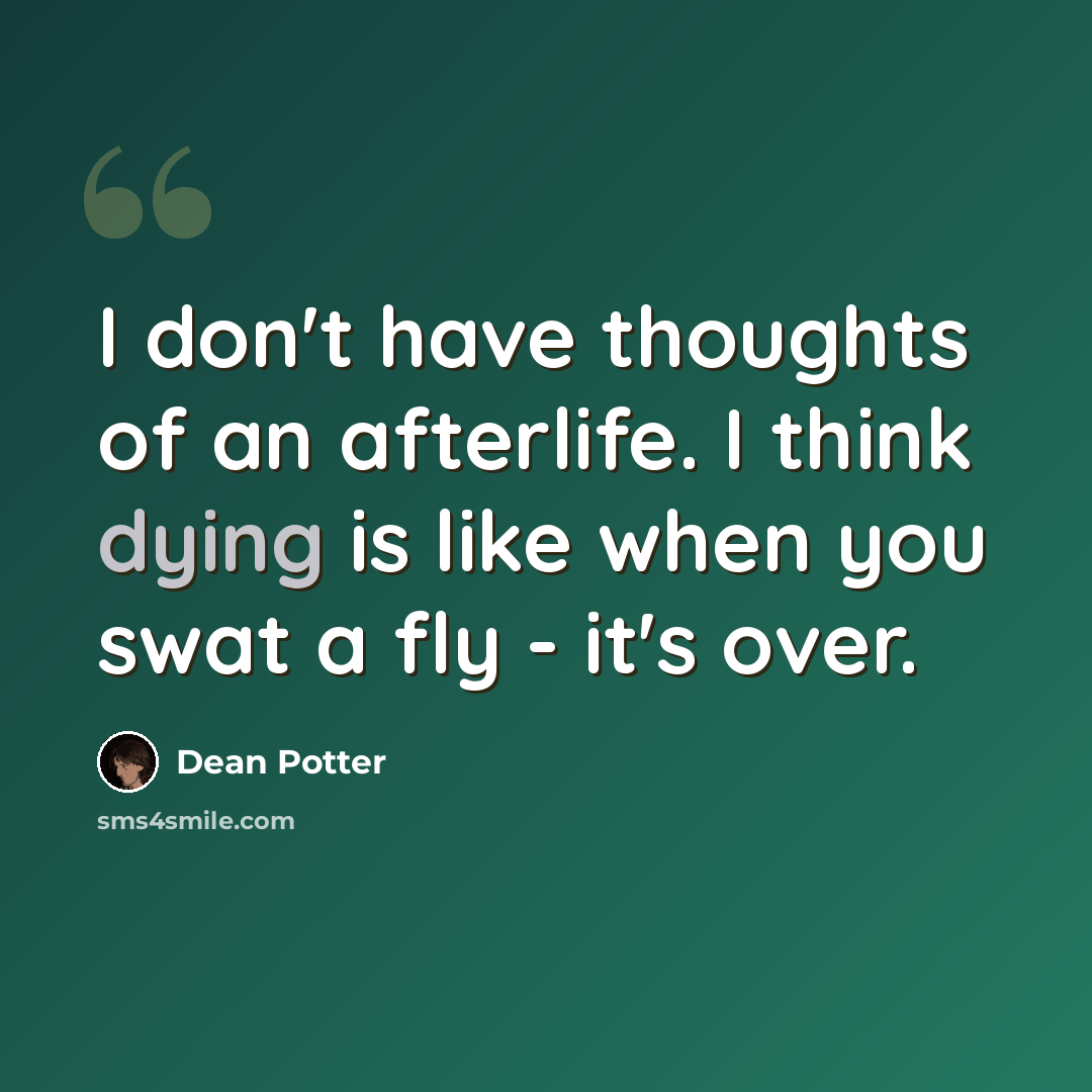 “I don't have thoughts of an afterlife. I think dying is like when you swat a fly - it's over.” quote by Dean Potter