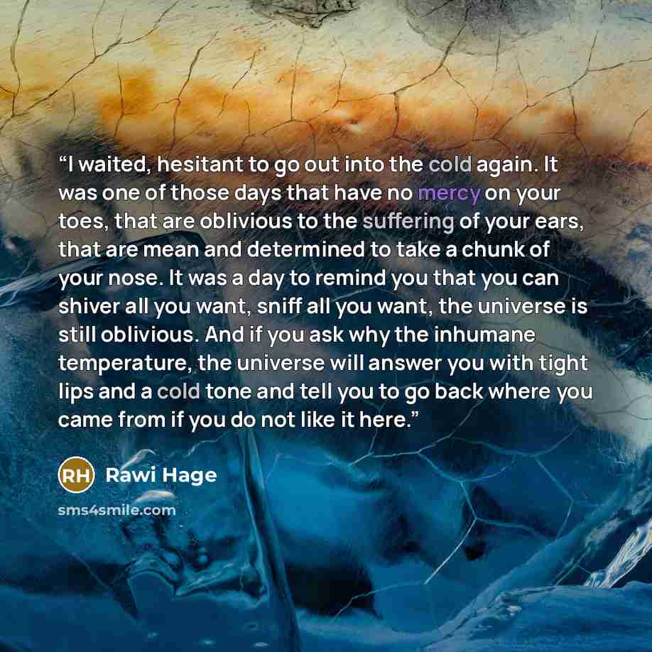 “I waited, hesitant to go out into the cold again. It was one of those days that have no mercy on your toes, that are oblivious to the suffering of your ears, that are mean and determined to take a chunk of your nose. It was a day to remind you that you can shiver all you want, sniff all you want…” quote by Rawi Hage