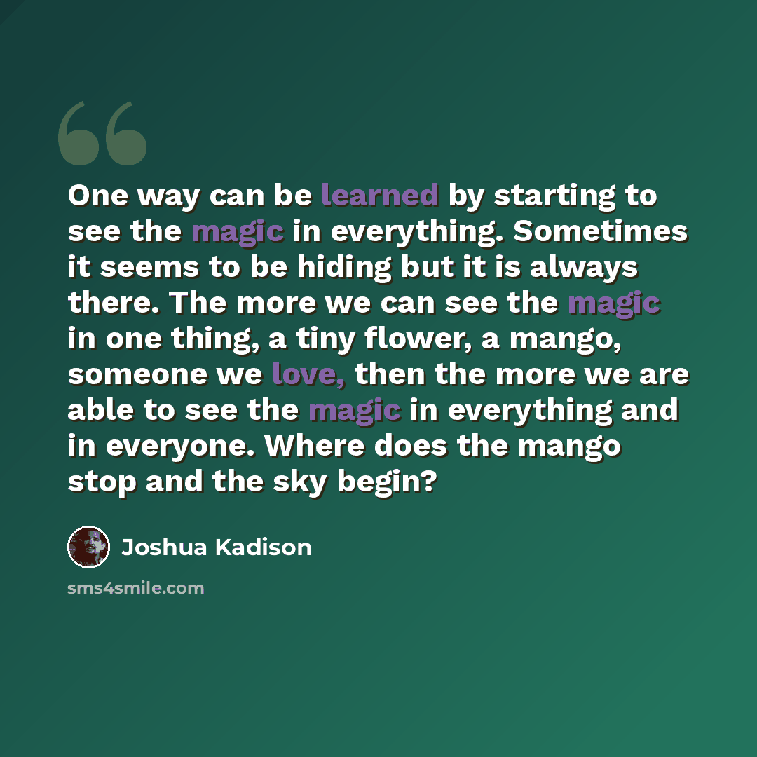 “One way can be learned by starting to see the magic in everything. Sometimes it seems to be hiding but it is always there. The more we can see the magic in one thing, a tiny flower, a mango, someone we love, then the more we are able to see the magic in everything and in everyone. Where does the…” quote by Joshua Kadison