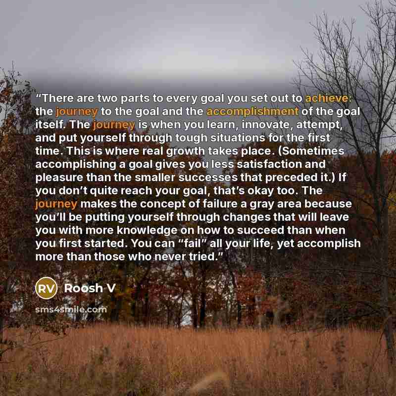 “There are two parts to every goal you set out to achieve: the journey to the goal and the accomplishment of the goal itself. The journey is when you learn, innovate, attempt, and put yourself through tough situations for the first time. This is where real growth takes place. (Sometimes…” quote by Roosh V