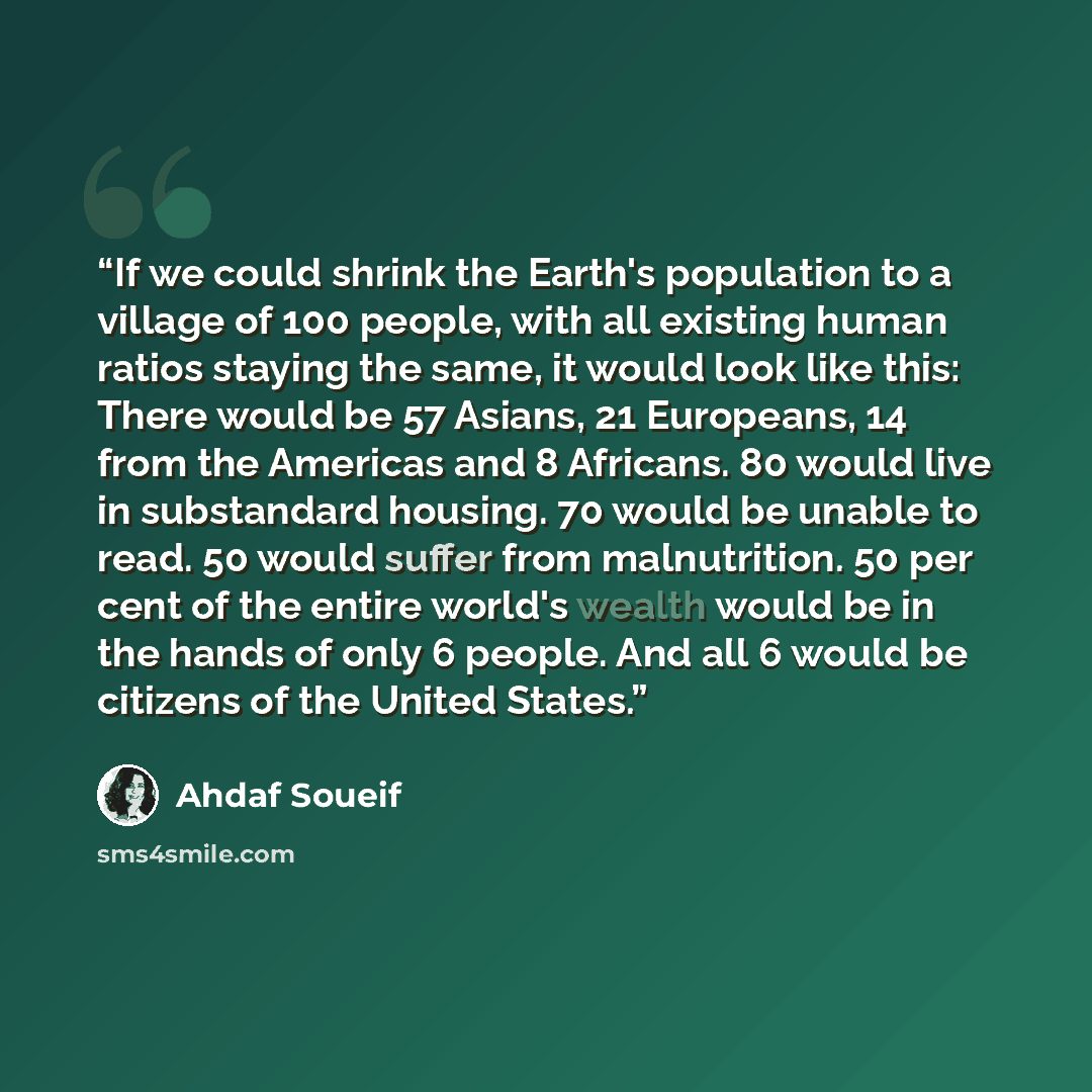“If we could shrink the Earth's population to a village of 100 people, with all existing human ratios staying the same, it would look like this: There would be 57 Asians, 21 Europeans, 14 from the Americas and 8 Africans. 80 would live in substandard housing. 70 would be unable to read. 50 would…” quote by Ahdaf Soueif