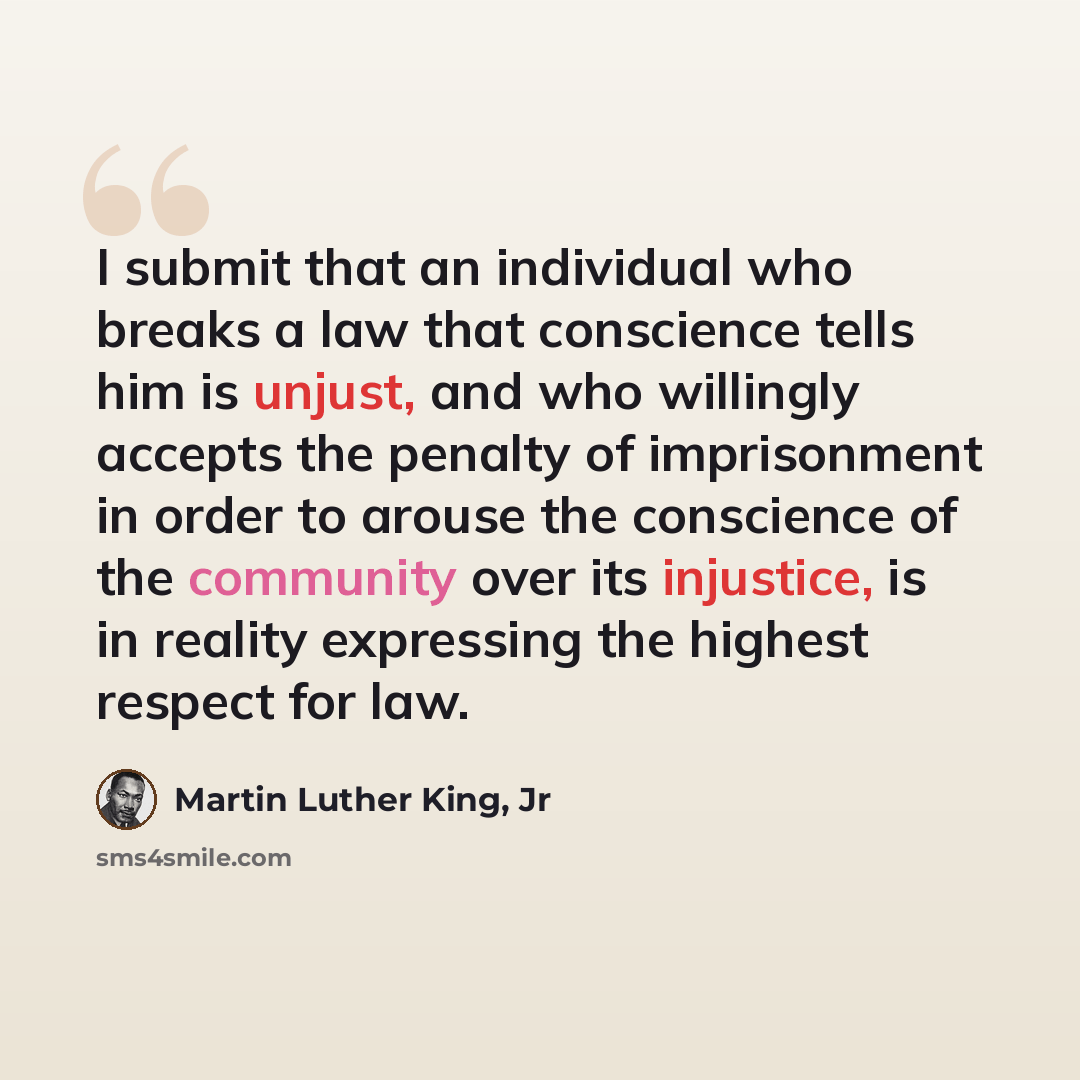 “I submit that an individual who breaks a law that conscience tells him is unjust, and who willingly accepts the penalty of imprisonment in order to arouse the conscience of the community over its injustice, is in reality expressing the highest respect for law.” quote by Martin Luther King, Jr
