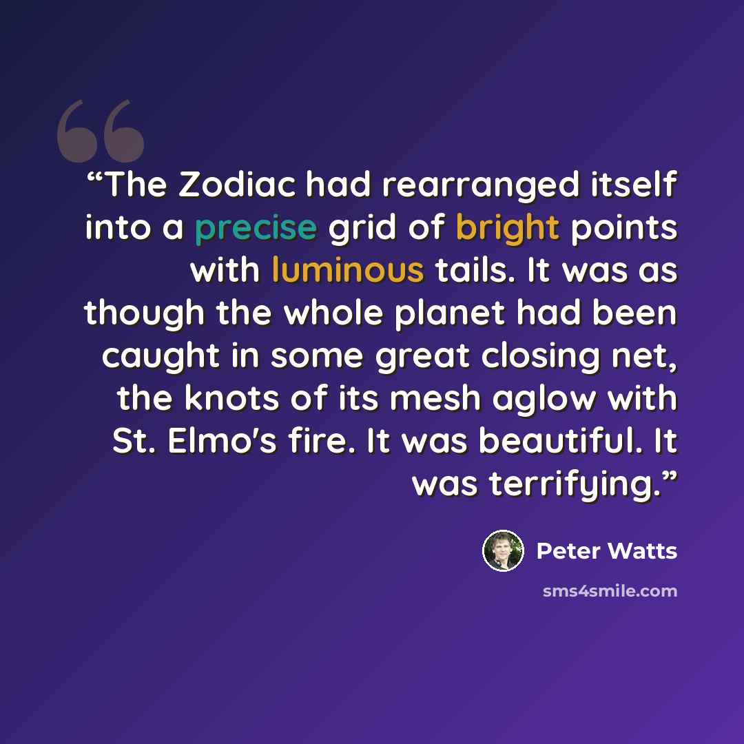 “The Zodiac had rearranged itself into a precise grid of bright points with luminous tails. It was as though the whole planet had been caught in some great closing net, the knots of its mesh aglow with St. Elmo's fire. It was beautiful. It was terrifying.” quote by Peter Watts