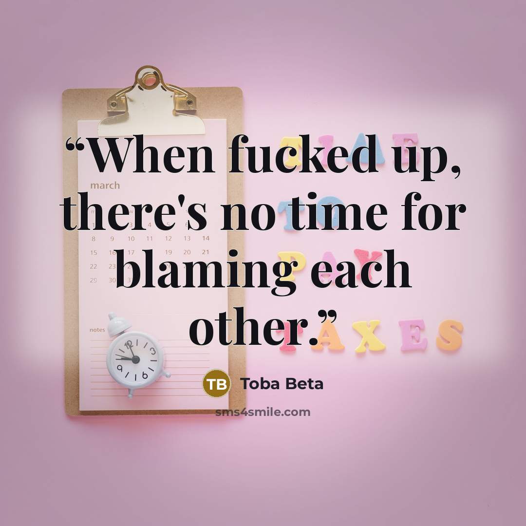“When fucked up, there's no time for blaming each other.” quote by Toba Beta