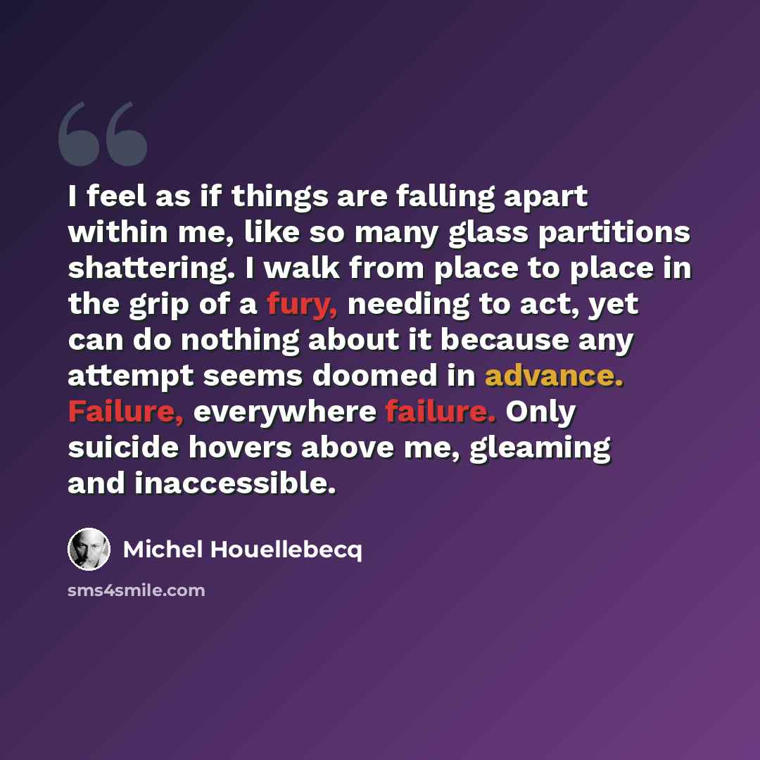 “I feel as if things are falling apart within me, like so many glass partitions shattering. I walk from place to place in the grip of a fury, needing to act, yet can do nothing about it because any attempt seems doomed in advance. Failure, everywhere failure. Only suicide hovers above me, gleaming…” quote by Michel Houellebecq