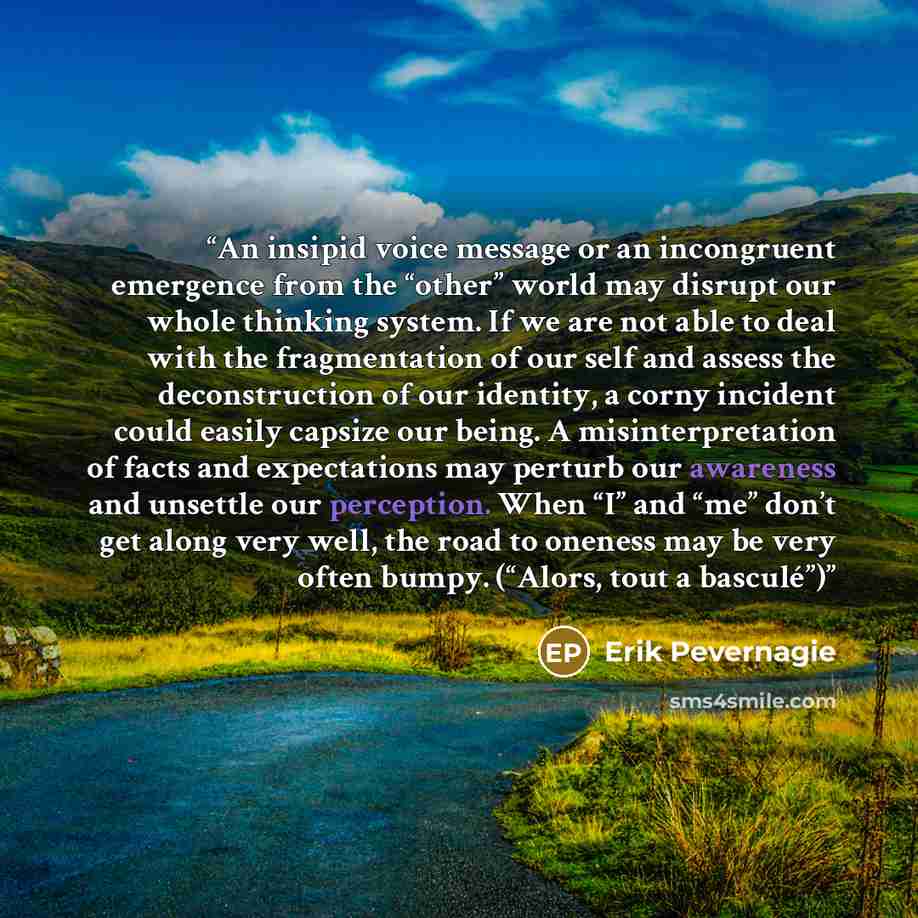 “An insipid voice message or an incongruent emergence from the “other” world may disrupt our whole thinking system. If we are not able to deal with the fragmentation of our self and assess the deconstruction of our identity, a corny incident could easily capsize our being. A misinterpretation of…” quote by Erik Pevernagie