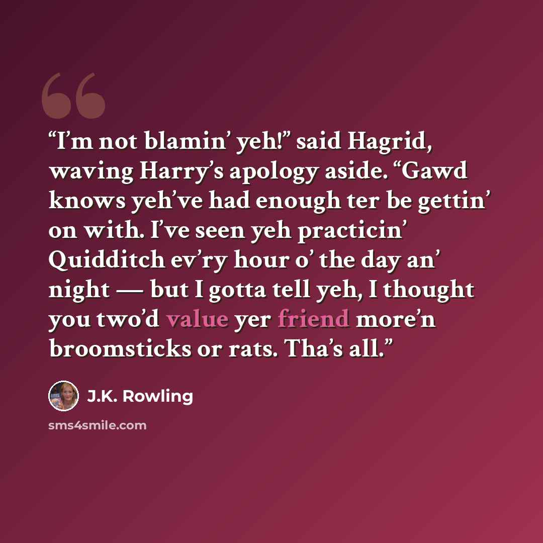 “I’m not blamin’ yeh!” said Hagrid, waving Harry’s apology aside. “Gawd knows yeh’ve had enough ter be gettin’ on with. I’ve seen yeh practicin’ Quidditch ev’ry hour o’ the day an’ night — but I gotta tell yeh, I thought you two’d value yer friend more’n broomsticks or rats. Tha’s all.” quote by J.K. Rowling