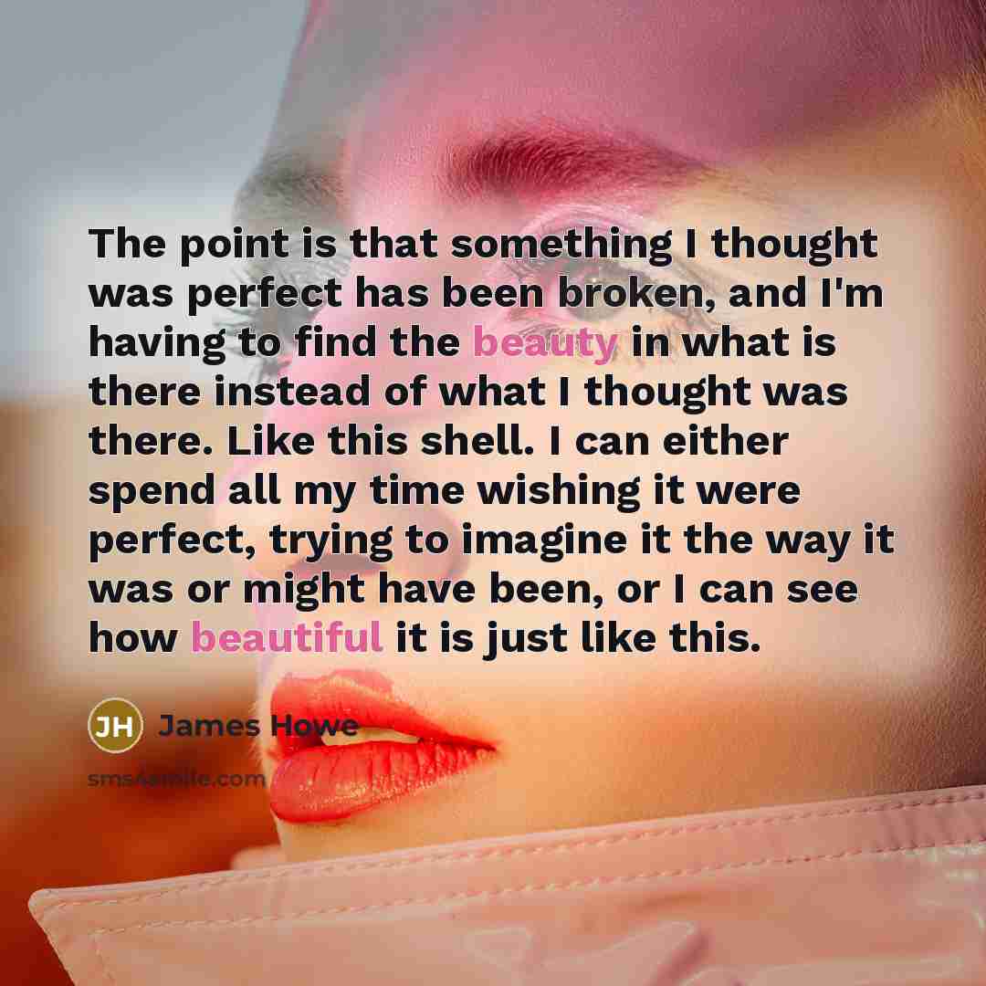 “The point is that something I thought was perfect has been broken, and I'm having to find the beauty in what is there instead of what I thought was there. Like this shell. I can either spend all my time wishing it were perfect, trying to imagine it the way it was or might have been, or I can see…” quote by James Howe