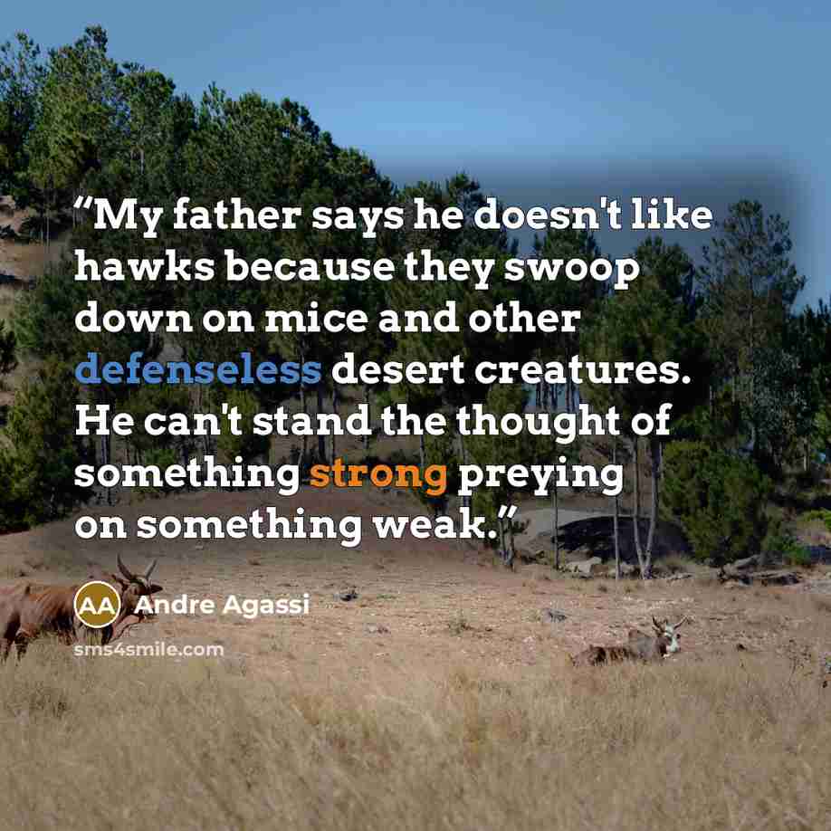 “My father says he doesn't like hawks because they swoop down on mice and other defenseless desert creatures. He can't stand the thought of something strong preying on something weak.” quote by Andre Agassi