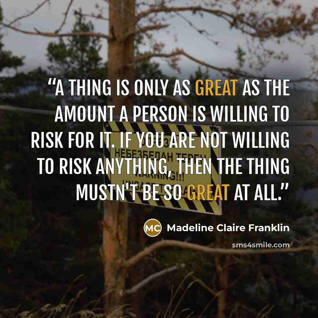 “A thing is only as great as the amount a person is willing to risk for it. If you are not willing to risk anything, then the thing mustn't be so great at all.” quote by Madeline Claire Franklin