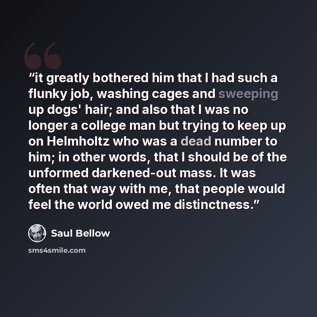 “it greatly bothered him that I had such a flunky job, washing cages and sweeping up dogs' hair; and also that I was no longer a college man but trying to keep up on Helmholtz who was a dead number to him; in other words, that I should be of the unformed darkened-out mass. It was often that way…” quote by Saul Bellow