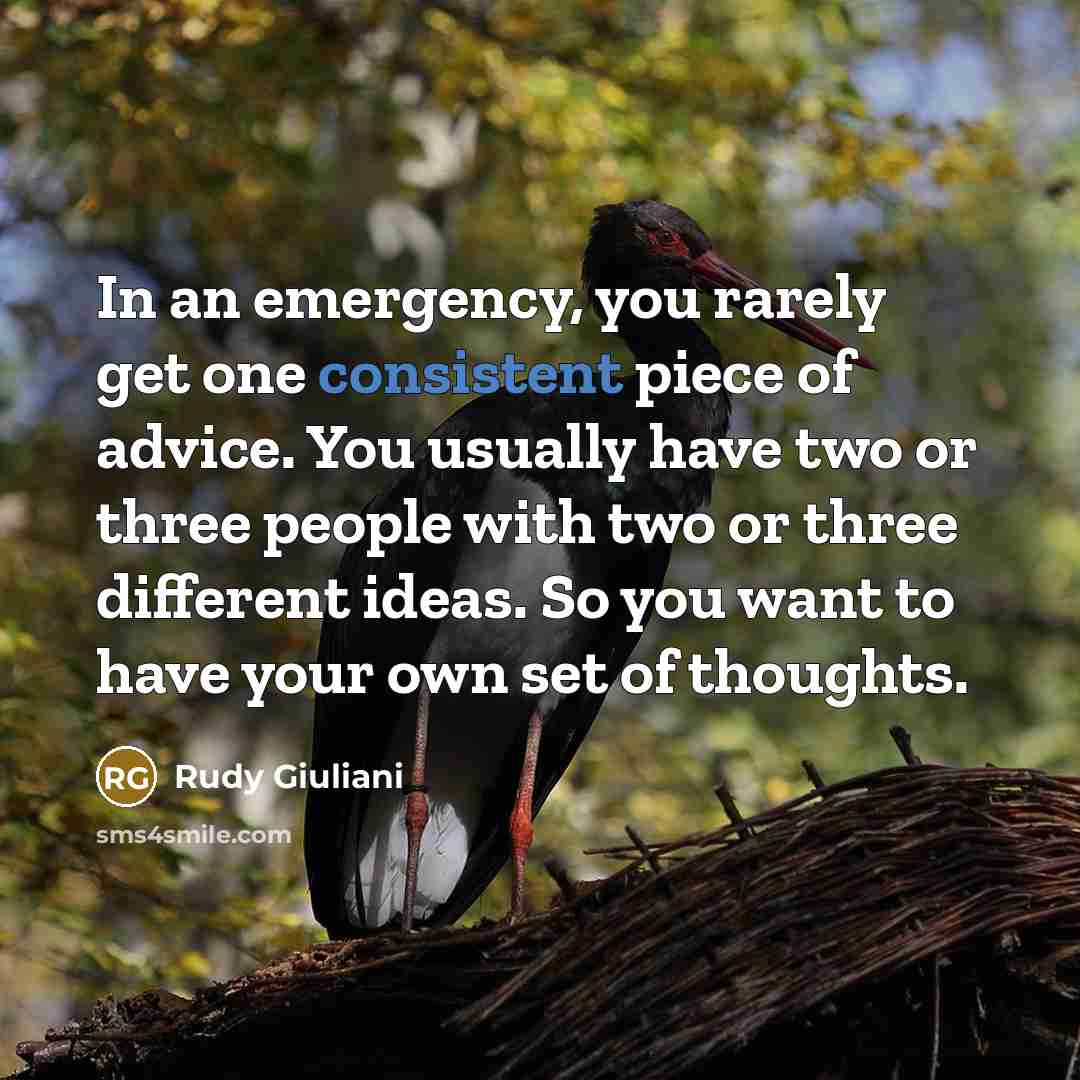 “In an emergency, you rarely get one consistent piece of advice. You usually have two or three people with two or three different ideas. So you want to have your own set of thoughts.” quote by Rudy Giuliani