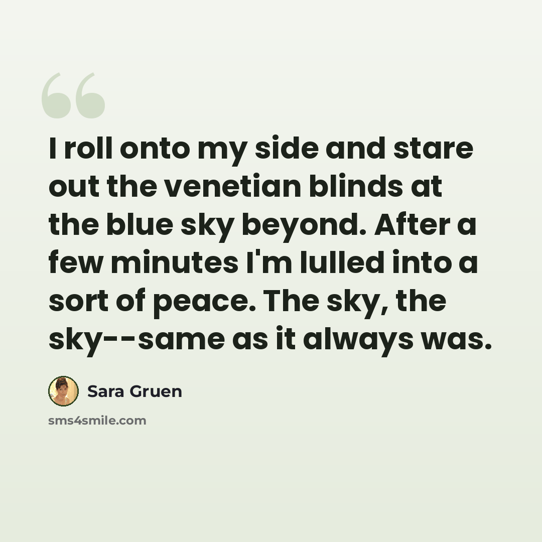 “I roll onto my side and stare out the venetian blinds at the blue sky beyond. After a few minutes I'm lulled into a sort of peace. The sky, the sky--same as it always was.” quote by Sara Gruen