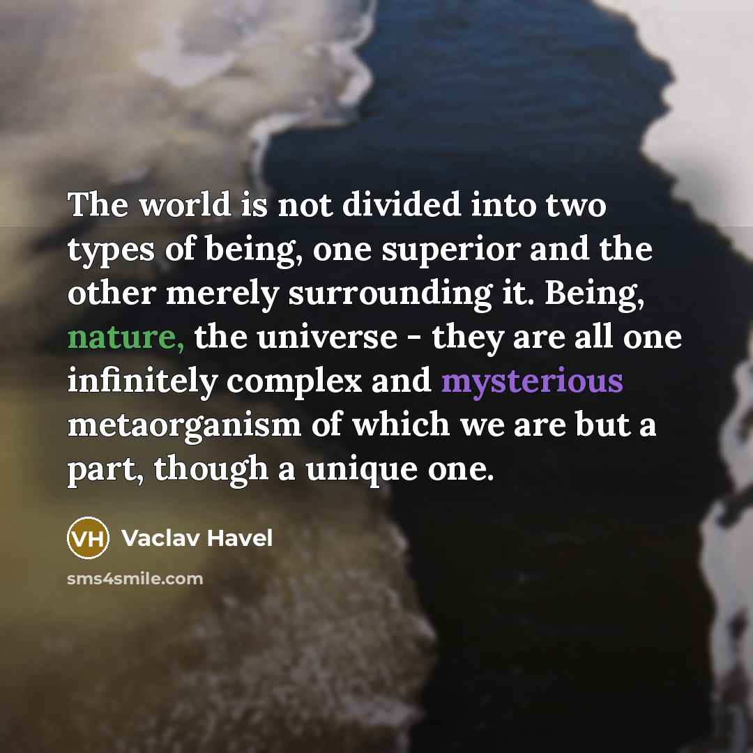 “The world is not divided into two types of being, one superior and the other merely surrounding it. Being, nature, the universe - they are all one infinitely complex and mysterious metaorganism of which we are but a part, though a unique one.” quote by Vaclav Havel