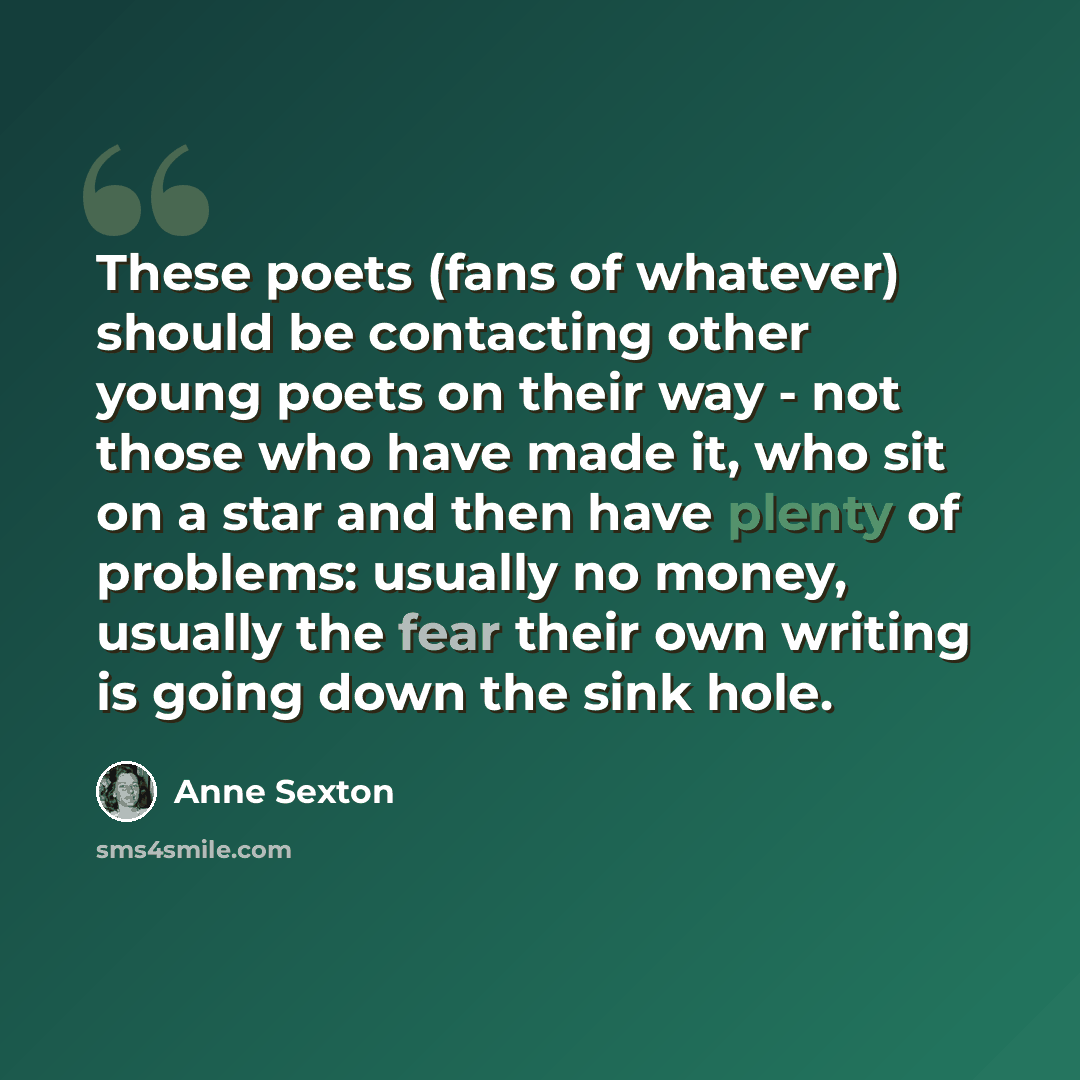 “These poets (fans of whatever) should be contacting other young poets on their way - not those who have made it, who sit on a star and then have plenty of problems: usually no money, usually the fear their own writing is going down the sink hole.” quote by Anne Sexton