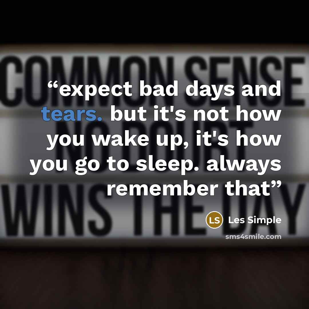 “expect bad days and tears. but it's not how you wake up, it's how you go to sleep. always remember that” quote by Les Simple