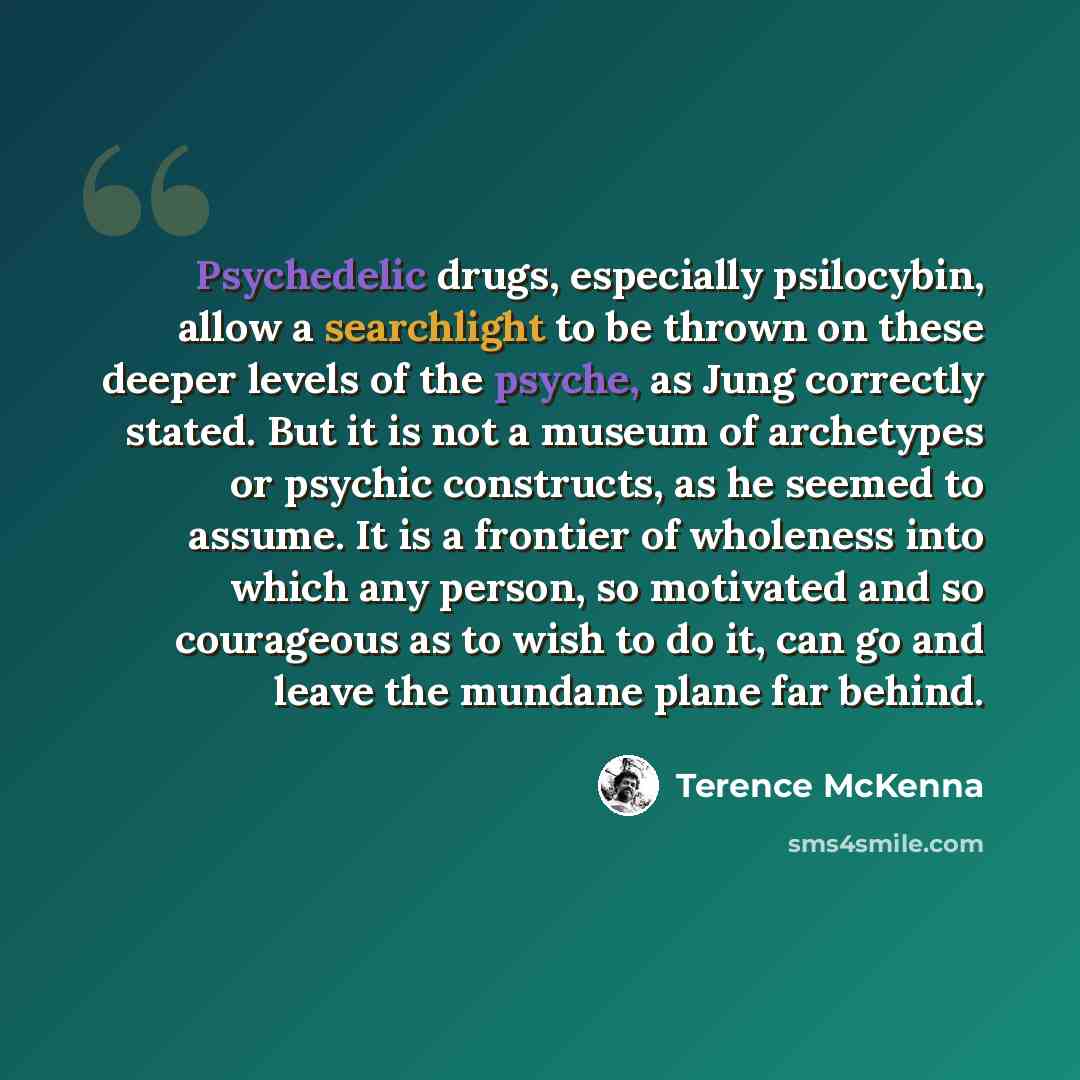 “Psychedelic drugs, especially psilocybin, allow a searchlight to be thrown on these deeper levels of the psyche, as Jung correctly stated. But it is not a museum of archetypes or psychic constructs, as he seemed to assume. It is a frontier of wholeness into which any person, so motivated and so…” quote by Terence McKenna