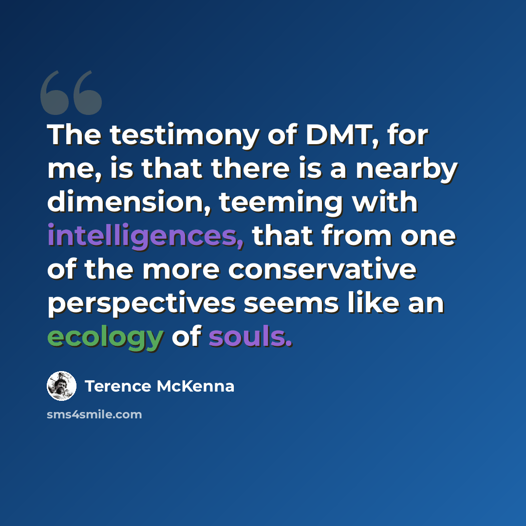 “The testimony of DMT, for me, is that there is a nearby dimension, teeming with intelligences, that from one of the more conservative perspectives seems like an ecology of souls.” quote by Terence McKenna