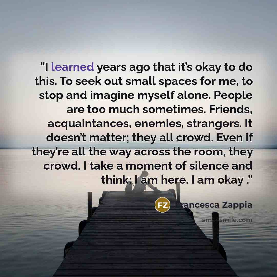 “I learned years ago that it’s okay to do this. To seek out small spaces for me, to stop and imagine myself alone. People are too much sometimes. Friends, acquaintances, enemies, strangers. It doesn’t matter; they all crowd. Even if they’re all the way across the room, they crowd. I take a moment…” quote by Francesca Zappia
