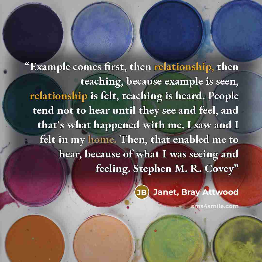 “Example comes first, then relationship, then teaching, because example is seen, relationship is felt, teaching is heard. People tend not to hear until they see and feel, and that's what happened with me. I saw and I felt in my home. Then, that enabled me to hear, because of what I was seeing and…” quote by Janet, Bray Attwood
