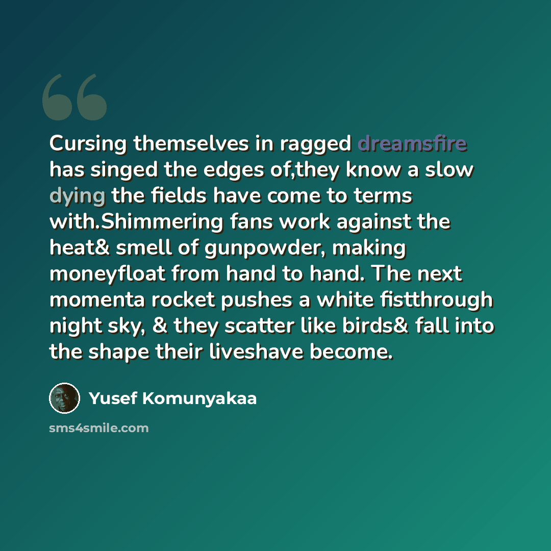 “Cursing themselves in ragged dreamsfire has singed the edges of,they know a slow dying the fields have come to terms with.Shimmering fans work against the heat& smell of gunpowder, making moneyfloat from hand to hand. The next momenta rocket pushes a white fistthrough night sky, & they scatter…” quote by Yusef Komunyakaa