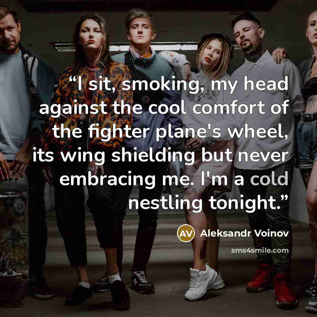 “I sit, smoking, my head against the cool comfort of the fighter plane's wheel, its wing shielding but never embracing me. I'm a cold nestling tonight.” quote by Aleksandr Voinov