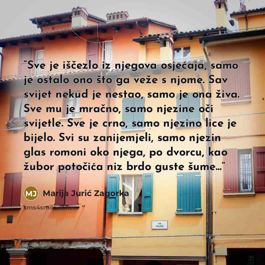 “Sve je iščezlo iz njegova osjećaja, samo je ostalo ono što ga veže s njome. Sav svijet nekud je nestao, samo je ona živa. Sve mu je mračno, samo njezine oči svijetle. Sve je crno, samo njezino lice je bijelo. Svi su zanijemjeli, samo njezin glas romoni oko njega, po dvorcu, kao žubor potočića niz…” quote by Marija Jurić Zagorka
