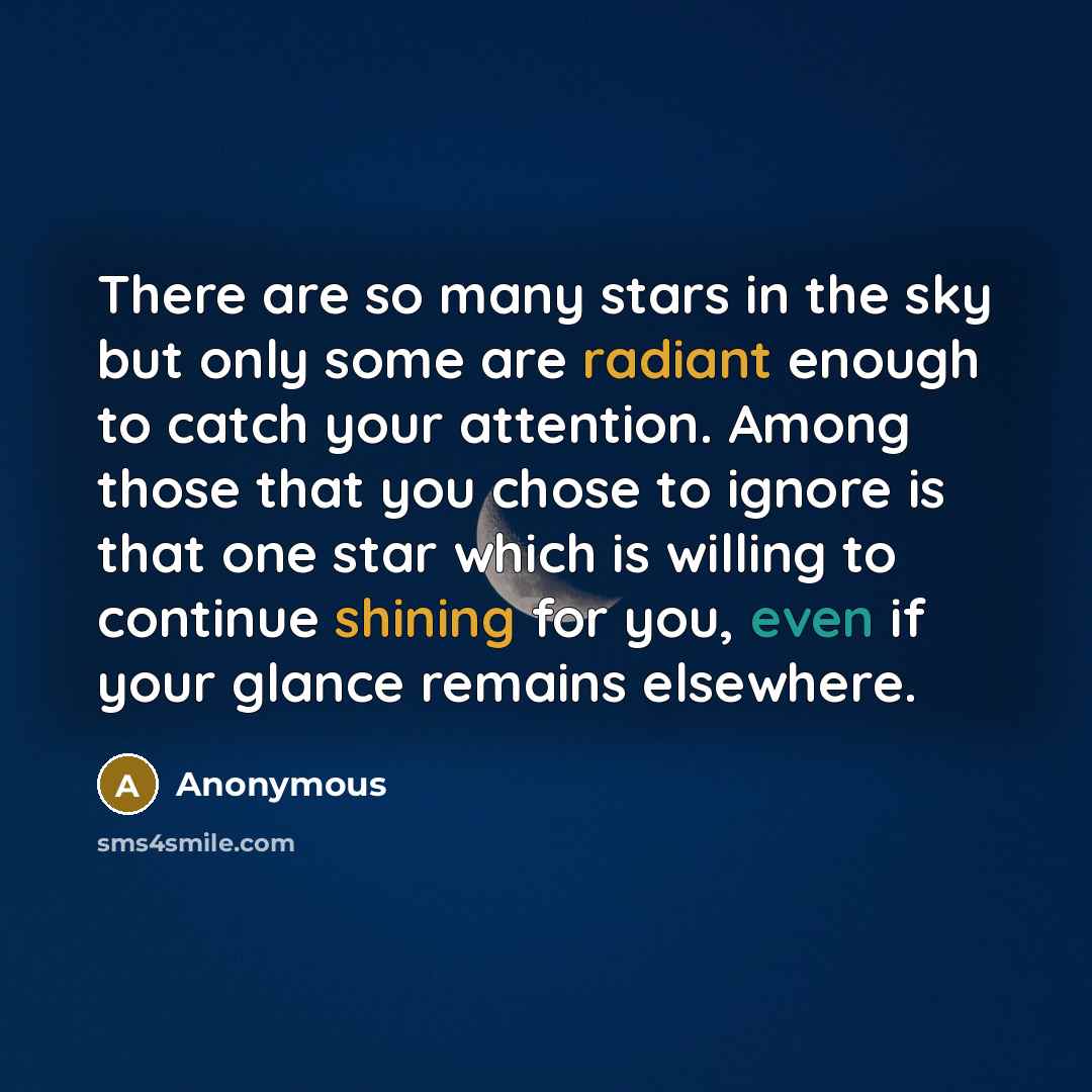 “There are so many stars in the sky but only some are radiant enough to catch your attention. Among those that you chose to ignore is that one star which is willing to continue shining for you, even if your glance remains elsewhere.” quote by Anonymous