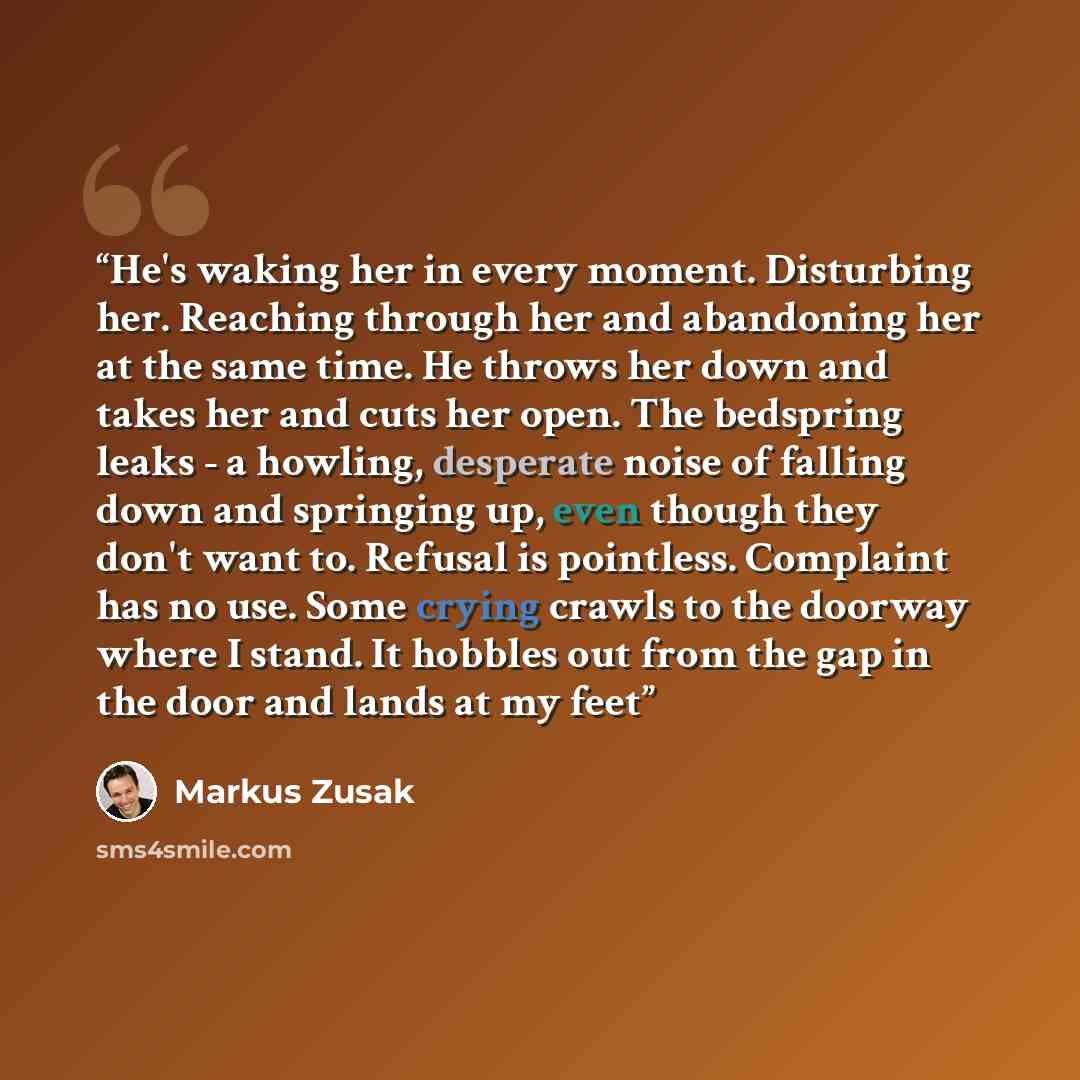 “He's waking her in every moment. Disturbing her. Reaching through her and abandoning her at the same time. He throws her down and takes her and cuts her open. The bedspring leaks - a howling, desperate noise of falling down and springing up, even though they don't want to. Refusal is pointless…” quote by Markus Zusak