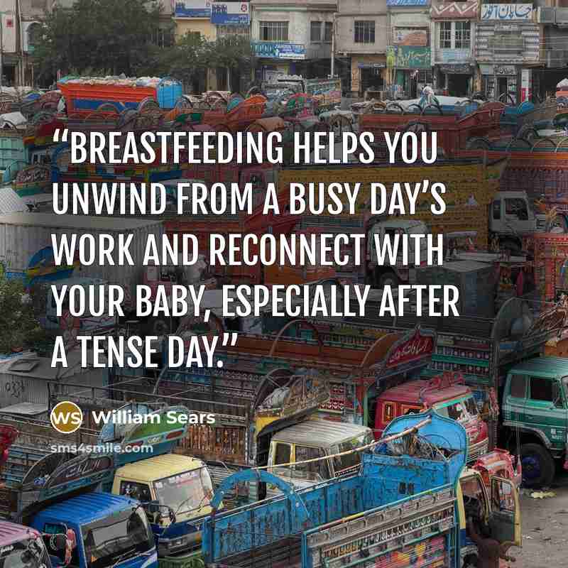 “Breastfeeding helps you unwind from a busy day’s work and reconnect with your baby, especially after a tense day.” quote by William Sears