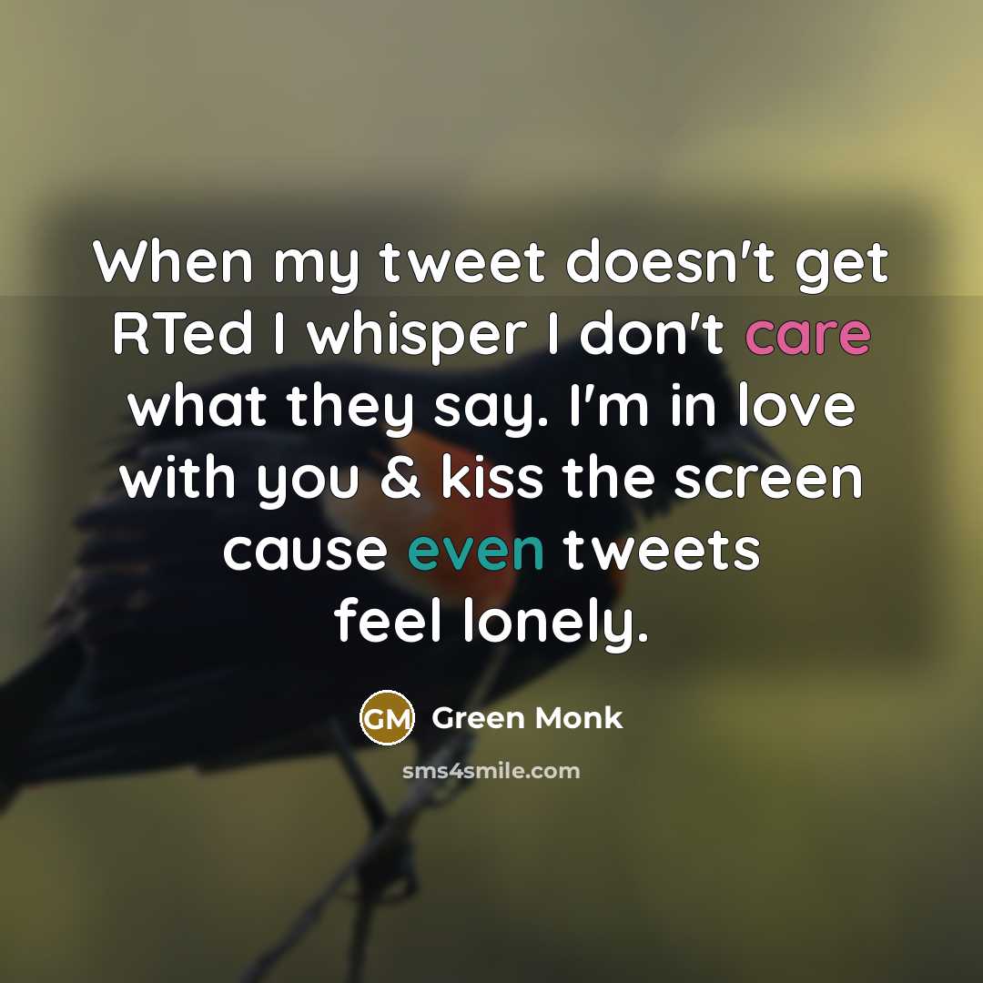 “When my tweet doesn't get RTed I whisper I don't care what they say. I'm in love with you & kiss the screen cause even tweets feel lonely.” quote by Green Monk