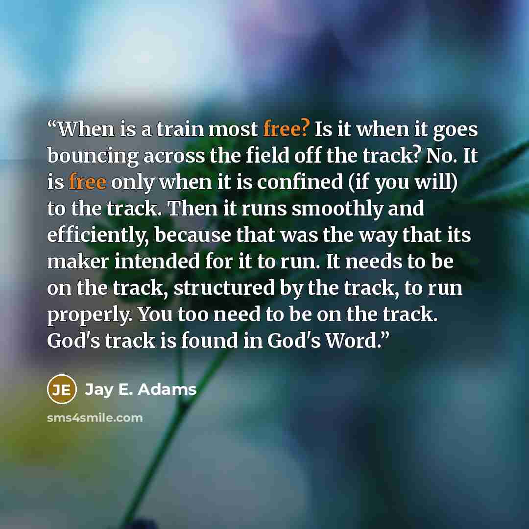 “When is a train most free? Is it when it goes bouncing across the field off the track? No. It is free only when it is confined (if you will) to the track. Then it runs smoothly and efficiently, because that was the way that its maker intended for it to run. It needs to be on the track, structured…” quote by Jay E. Adams
