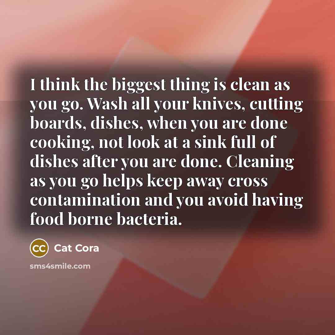 “I think the biggest thing is clean as you go. Wash all your knives, cutting boards, dishes, when you are done cooking, not look at a sink full of dishes after you are done. Cleaning as you go helps keep away cross contamination and you avoid having food borne bacteria.” quote by Cat Cora