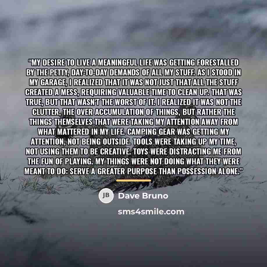 “My desire to live a meaningful life was getting forestalled by the petty, day-to-day demands of all my stuff. As I stood in my garage, I realized that it was not just that all the stuff created a mess, requiring valuable time to clean up. That was true, but that wasn't the worst of it. I realized…” quote by Dave Bruno