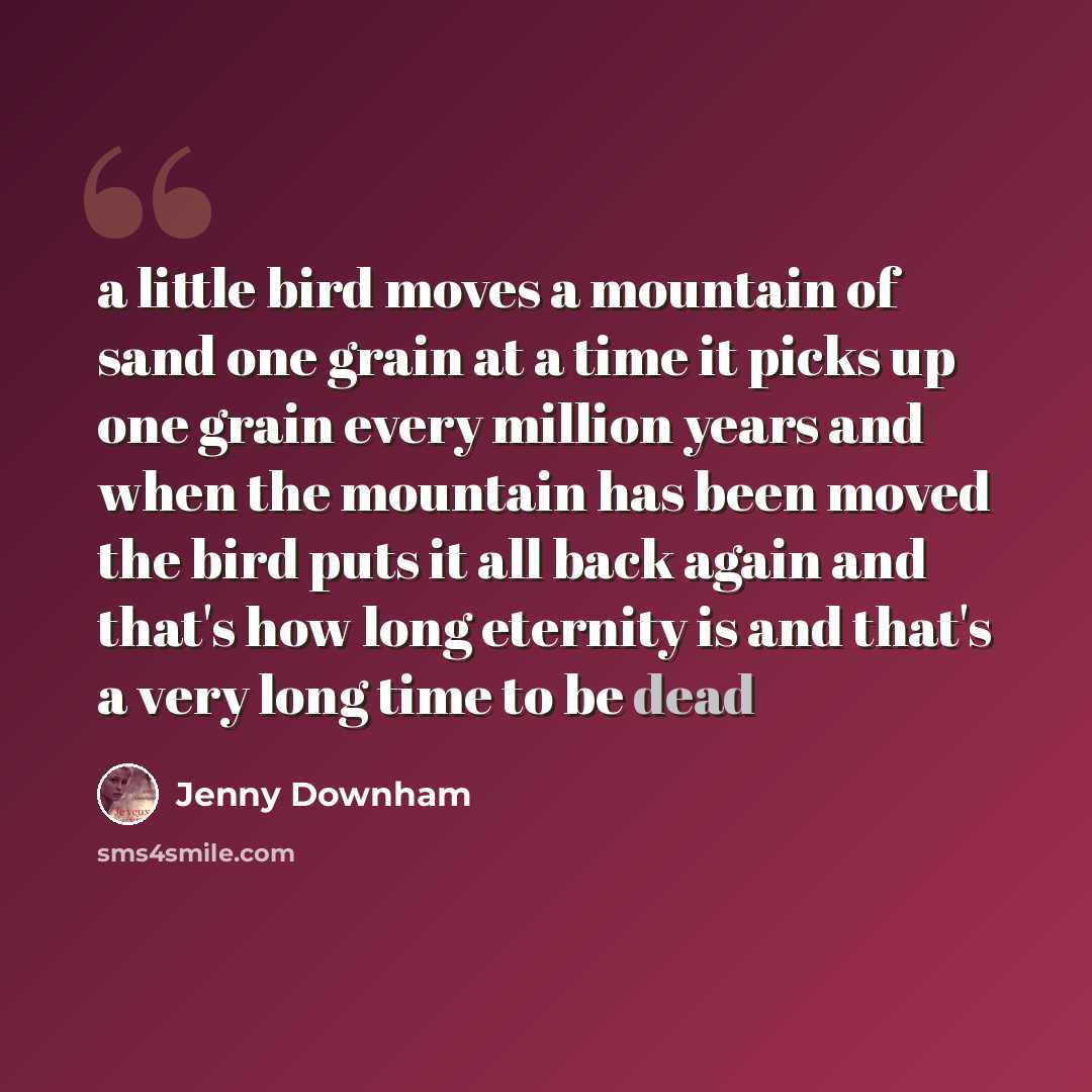 “a little bird moves a mountain of sand one grain at a time it picks up one grain every million years and when the mountain has been moved the bird puts it all back again and that's how long eternity is and that's a very long time to be dead” quote by Jenny Downham