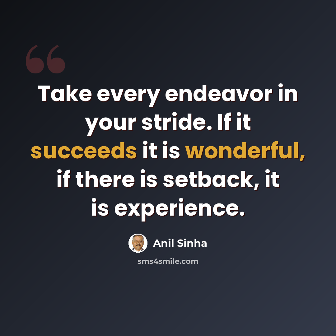 “Take every endeavor in your stride. If it succeeds it is wonderful, if there is setback, it is experience.” quote by Anil Sinha