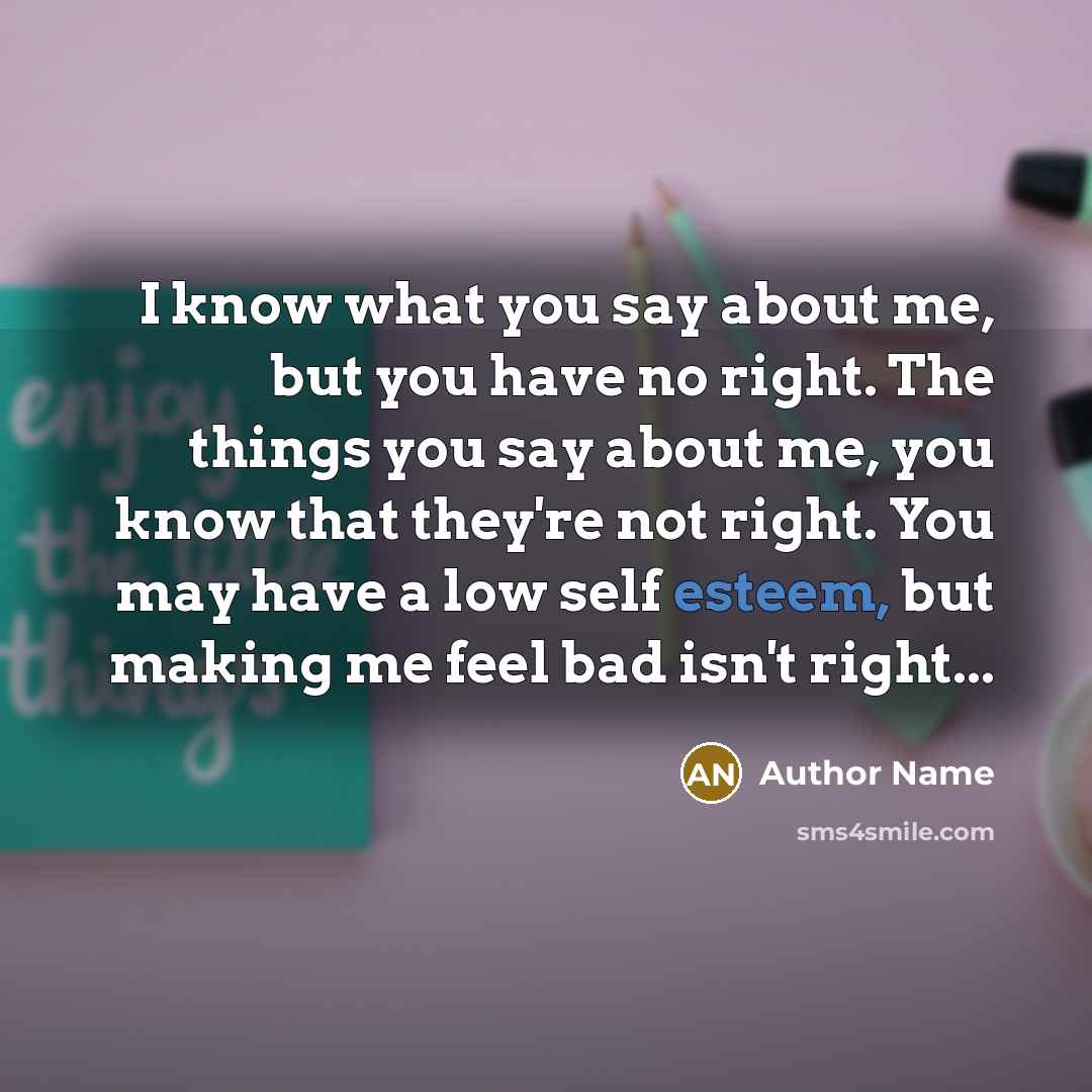 “I know what you say about me, but you have no right. The things you say about me, you know that they're not right. You may have a low self esteem, but making me feel bad isn't right...” quote by Author Name