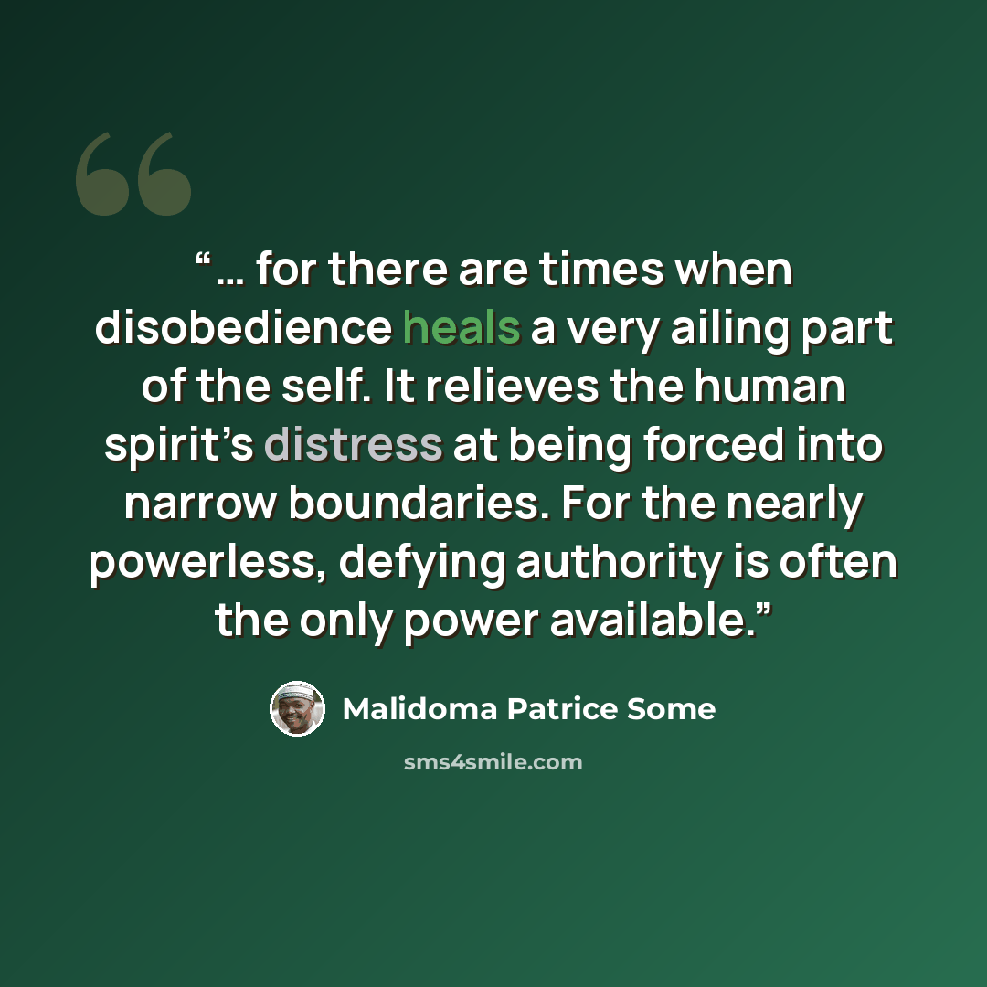 “… for there are times when disobedience heals a very ailing part of the self. It relieves the human spirit’s distress at being forced into narrow boundaries. For the nearly powerless, defying authority is often the only power available.” quote by Malidoma Patrice Somé