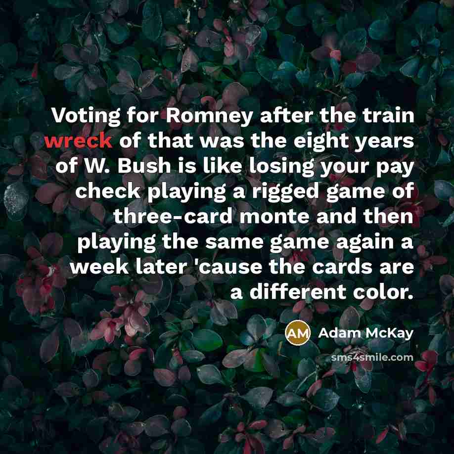 “Voting for Romney after the train wreck of that was the eight years of W. Bush is like losing your pay check playing a rigged game of three-card monte and then playing the same game again a week later 'cause the cards are a different color.” quote by Adam McKay