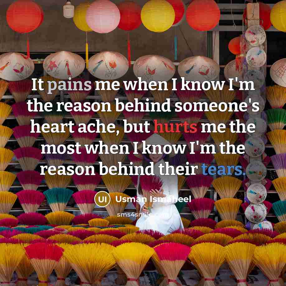 “It pains me when I know I'm the reason behind someone's heart ache, but hurts me the most when I know I'm the reason behind their tears.” quote by Usman Ismaheel