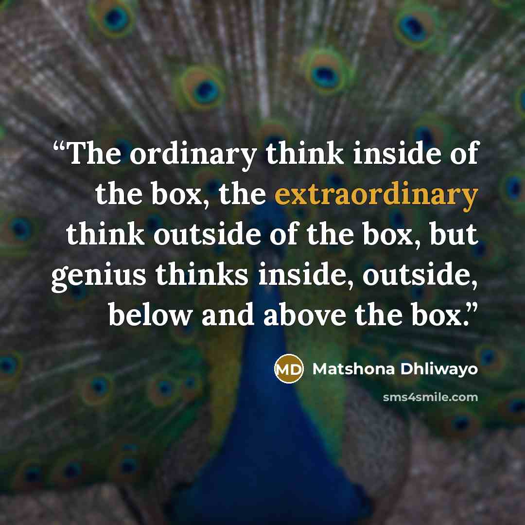 “The ordinary think inside of the box, the extraordinary think outside of the box, but genius thinks inside, outside, below and above the box.” quote by Matshona Dhliwayo