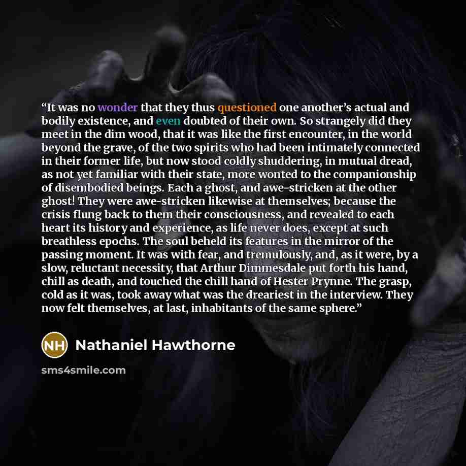 “It was no wonder that they thus questioned one another’s actual and bodily existence, and even doubted of their own. So strangely did they meet in the dim wood, that it was like the first encounter, in the world beyond the grave, of the two spirits who had been intimately connected in their former…” quote by Nathaniel Hawthorne