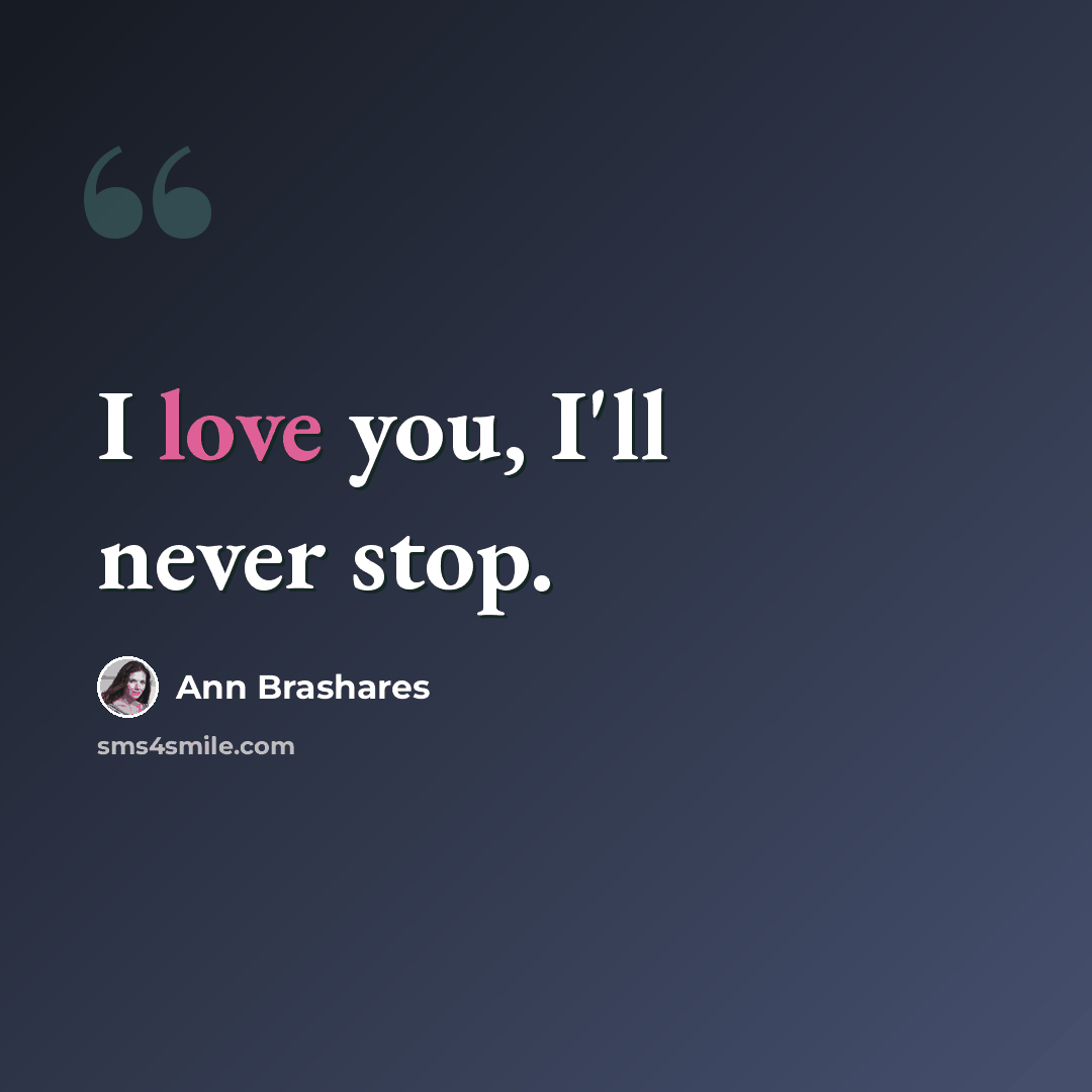 “I love you, I'll never stop.” quote by Ann Brashares