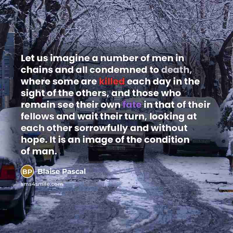 “Let us imagine a number of men in chains and all condemned to death, where some are killed each day in the sight of the others, and those who remain see their own fate in that of their fellows and wait their turn, looking at each other sorrowfully and without hope. It is an image of the condition…” quote by Blaise Pascal
