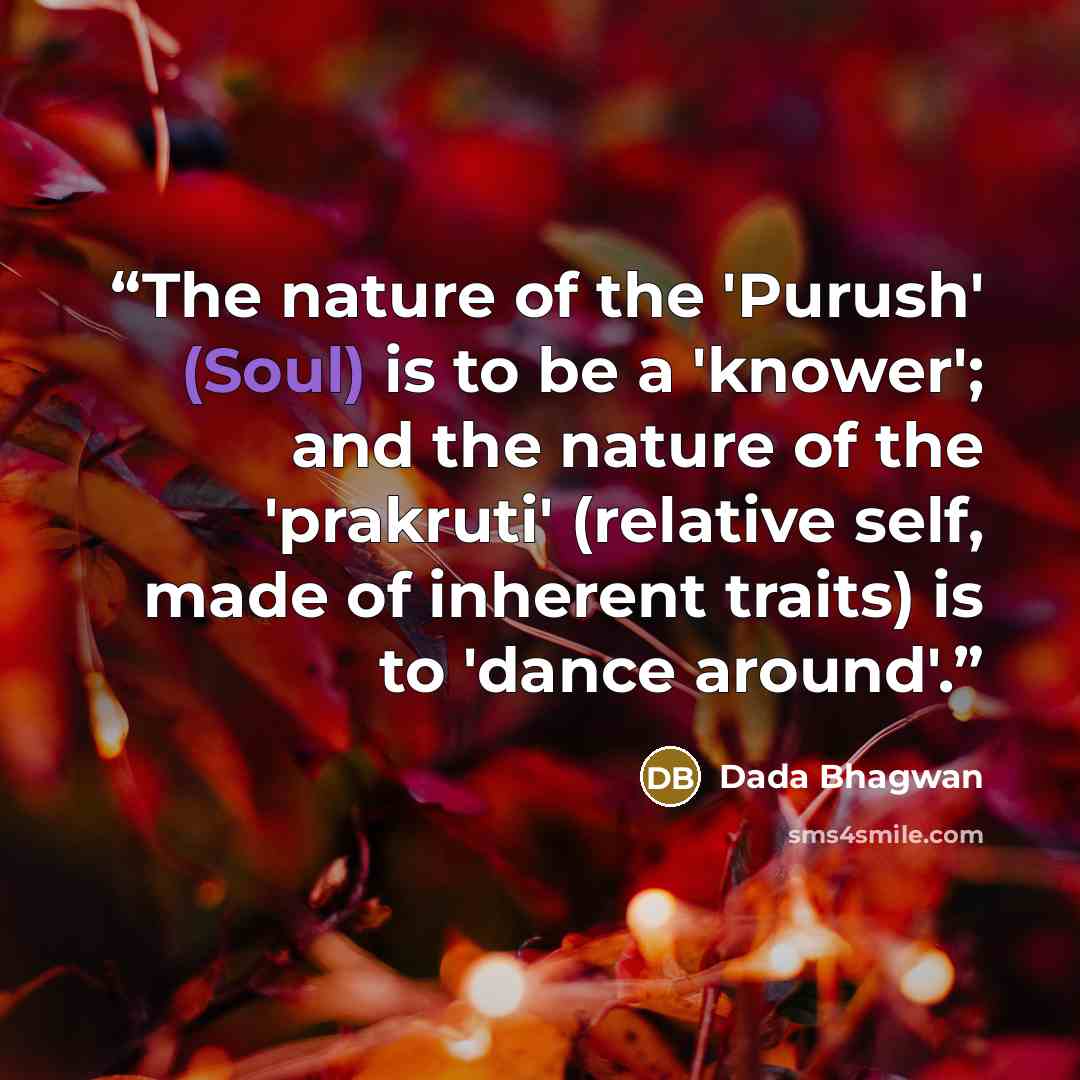 “The nature of the 'Purush' (Soul) is to be a 'knower'; and the nature of the 'prakruti' (relative self, made of inherent traits) is to 'dance around'.” quote by Dada Bhagwan