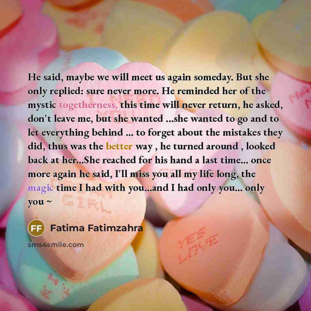 “He said, maybe we will meet us again someday. But she only replied: sure never more. He reminded her of the mystic togetherness, this time will never return, he asked, don't leave me, but she wanted ...she wanted to go and to let everything behind … to forget about the mistakes they did, thus was…” quote by Fatima Fatimzahra